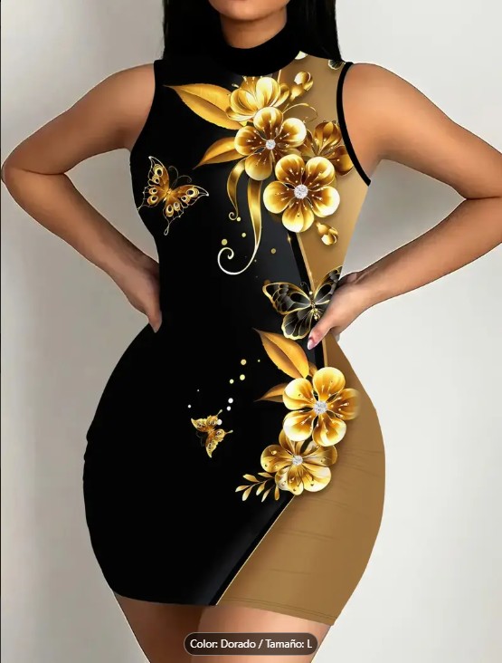 Vestido Mini Ajustado con Cuello Alto y Estampado de Rosa Dorada 3D - frente