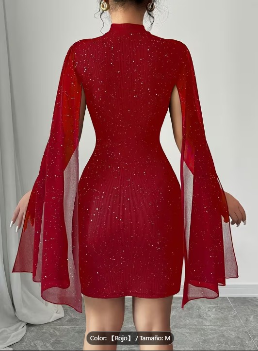 Vestido mini ajustado con cuello alto y mangas con volantes - reverso