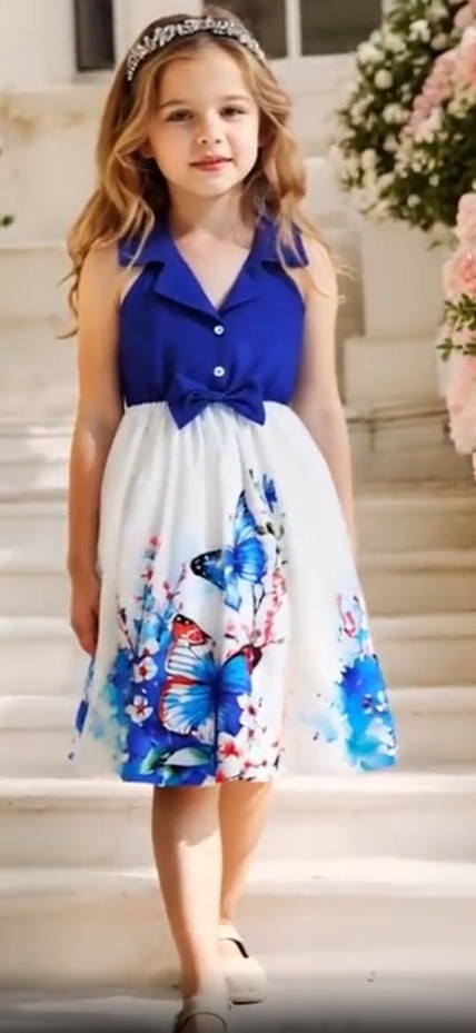 Vestido casual para niñas con Cuello Lazo, Estampado Floral - frente