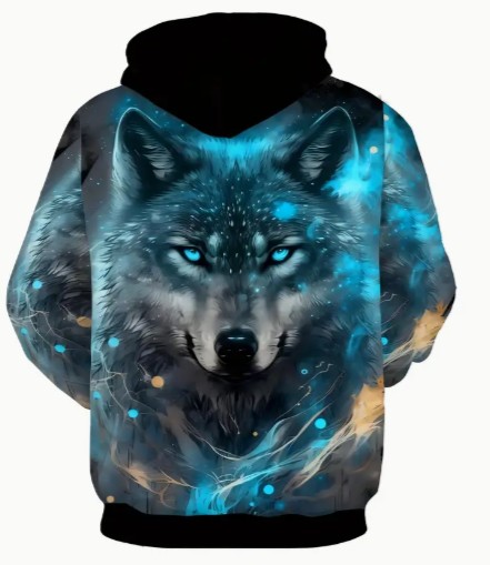 Sudadera casual con capucha estampado de lobo en 3D - reverso