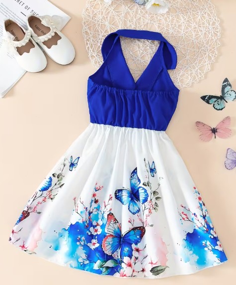 Vestido casual para niñas con Cuello Lazo, Estampado Floral - reverso