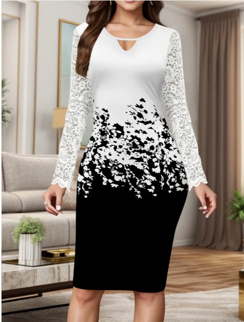 Vestido Elegante de Encaje para Mujer - Estampado Floral en Blanco - frente