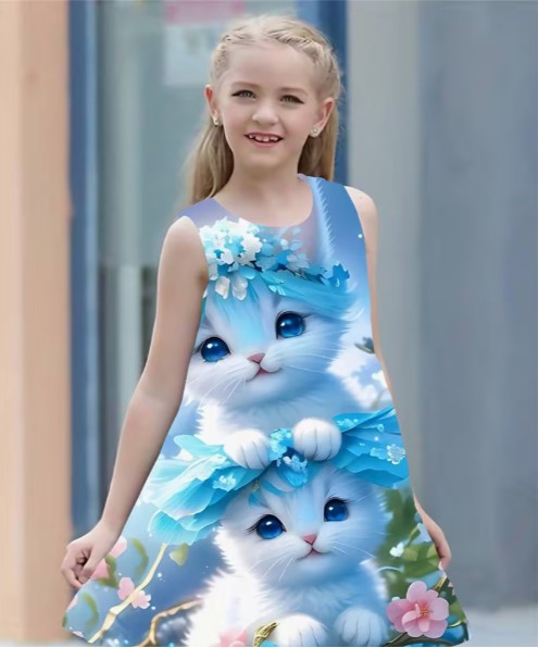 Vestido Azul de Gatito con Cara Sonriente - frente