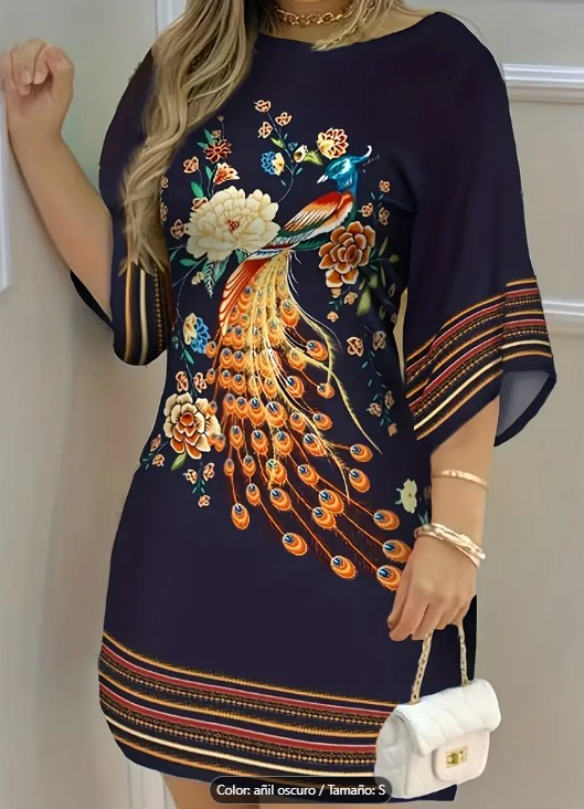 Vestido floral con estampado de pavo real - frente