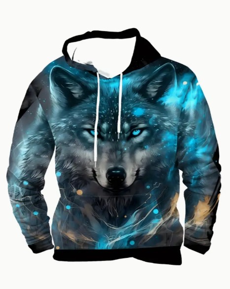 Sudadera casual con capucha estampado de lobo en 3D - frente