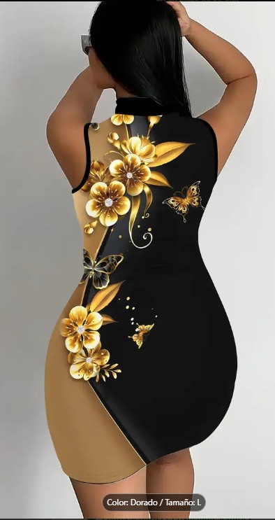 Vestido Mini Ajustado con Cuello Alto y Estampado de Rosa Dorada 3D - reverso