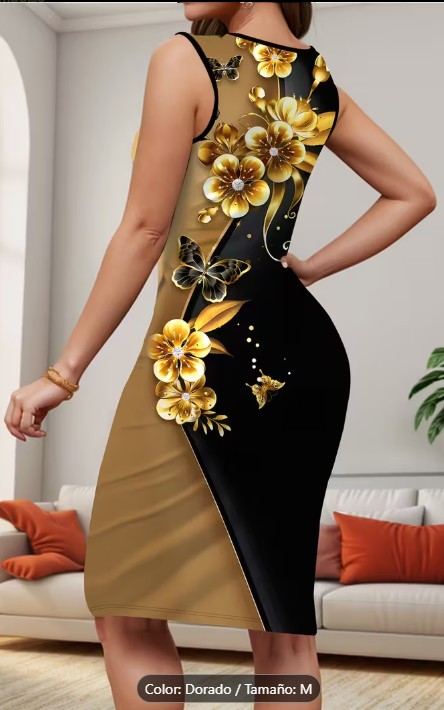 Vestido Ajustado Sin Mangas para Mujer con Estampado de Mariposa Dorada Vibrante - reverso