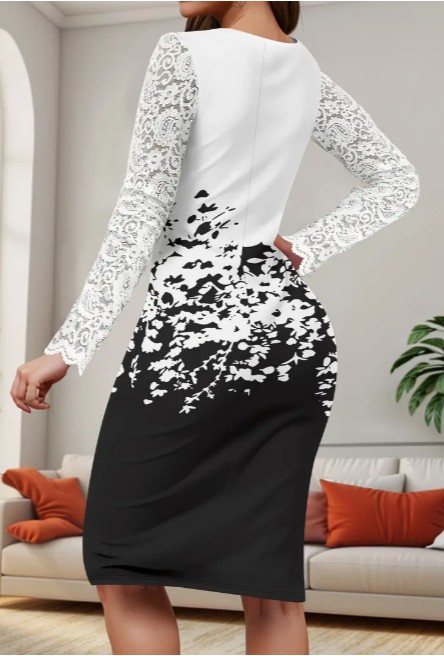 Vestido Elegante de Encaje para Mujer - Estampado Floral en Blanco - reverso