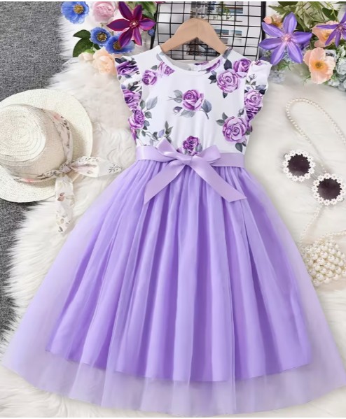Vestido Elegante para Niñas con Estampado Floral en Lavanda - frente